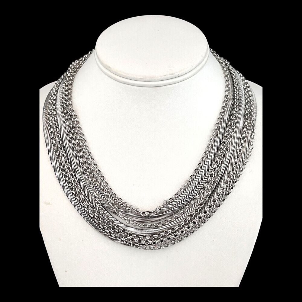 New Silver Tone Multi Strand Chain Necklace Layered Statement Contemporary - 13M